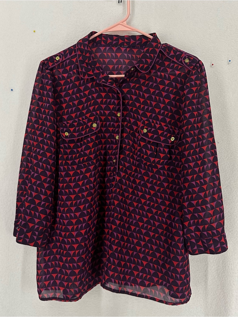 Vintage Blouse Women’s XL Purple Geometric Button Front Sheer
